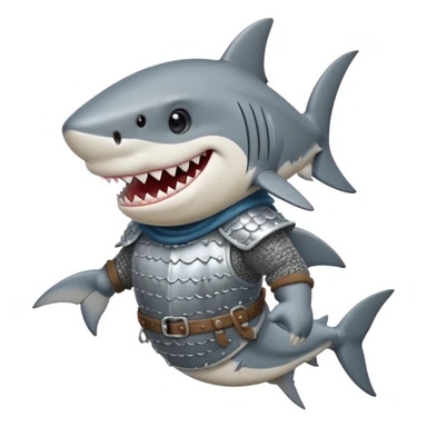 Anthropomorphic shark wearing a gambeson and chainmail coif with messy black hair smiling sticker