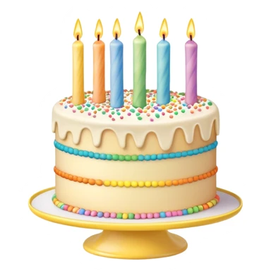  beige and white vanilla birthday cake with candles and rainbow sprinkles, on a yellow cake stand sticker