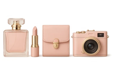 themed pink beauty with pink perfume bottle, pink lipstick, pink wallet, pink camera, all matching, elegant sticker