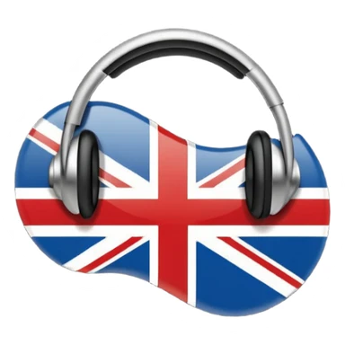 Minimalistic flat vector icon, iOS style, thin black contour on white background. Ear icon with sound waves and small UK/USA flag symbol. Clean, no text, no shadows sticker