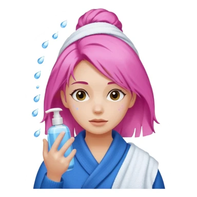 A girl grabbing a pink hair serum with a white shower towel in her hair with skincare on her face dressed in a blue sweater sticker