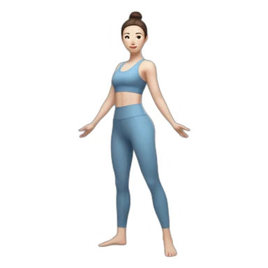 Pale skinned fit woman In a blue light tight yoga suit and wristbands With dark brown hair in a bun doing yoga sticker