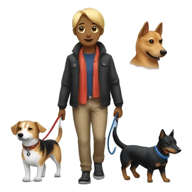 Me walking with two dogs. One is black male dachshund with blue collar and leash. The other one is a female like a shiba inu, but more messy and hairy. Has black bandana collar sticker