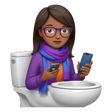 Fille châtain foncé avec lunettes. Elle porte une grosse écharpe violette, bleu et orange. Elle assise dans une cuvette de toilette. Téléphone en main. Realiste sticker