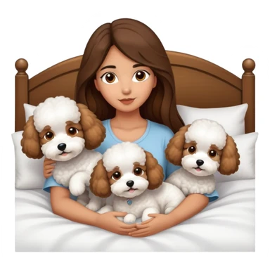Olive skin girl with long brown hair in bed with 3 WHTE bichon frise's sticker
