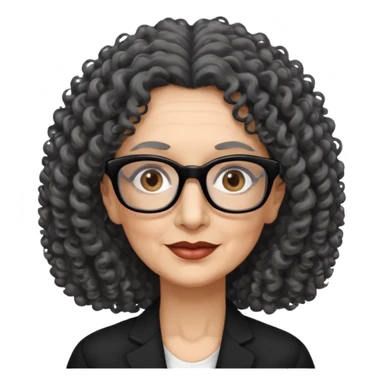 femme 60 ans cheveux gris foncé très bouclé longs et yeux marrons foncé,  lunettes rectangle noir sticker