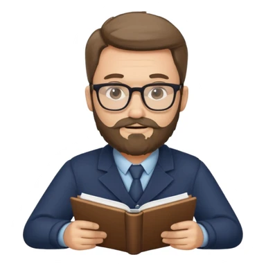 bearded man with glasses studying sticker