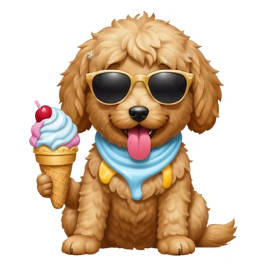 Create a mini golden doodle dog  wearing sunglasses and with its tongue out eating icecream sticker
