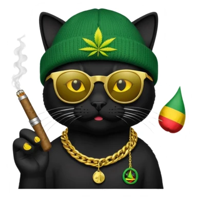 A black cat wearing the deal with it shades and a rasta beanie and smoking a joint and wearing a gold chain that says 420 sticker