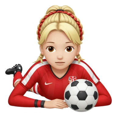 Chica de pelo rubio tirada en el suelo boca abajo agarrando un balón con las manos vestida con una equipación de color rojo y blanco con líneas y con unas botas de tacos de fútbol, con un bucal en la boca y el pelo con trenzas sticker