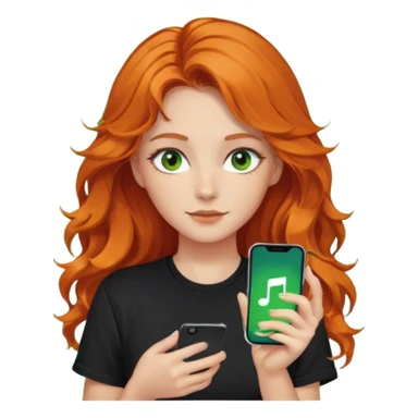 Girl with dark long orange wavy hair, green eyes, and black t-shirt and phone with tiktok app on hand sticker