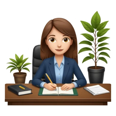 imagen de una mujer castaña en una oficina con escritorio, silla, notebook, agenda y una planta con un cartel que diga en español FUERA DE OFICINA sticker