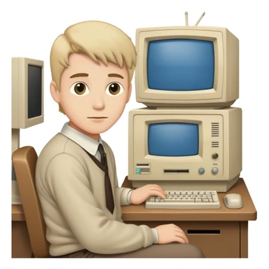 Young man sitting at a very old desktop computer from the 1990s with CRT monitor and beige tower sticker