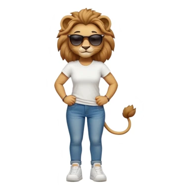 friendly anthropomorphised female lion character, full body, standing confidently with legs shoulder width apart and arms folded, wearing jeans, a white t-shirt, dark sunglasses, and trainers, with a confident smile sticker