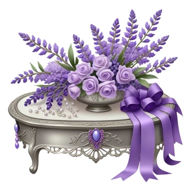A cascading bouquet of lavender, blending soft lilac, dusky violet, and deep amethyst hues, is wrapped in delicate pearl-colored lace, tied with a silky wisteria ribbon. The stems, slightly uneven and wild, spill gently over the edge of an antique silver tray, where a few loose buds rest, their fragrance mingling with the faint scent of aged paper and timeworn fabric.
 sticker