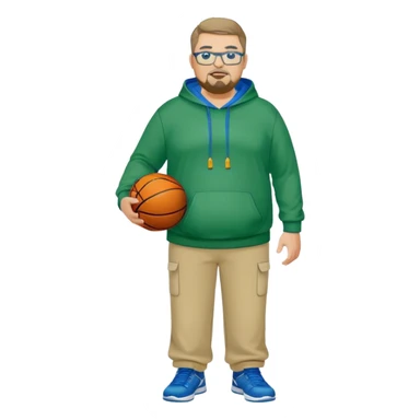 full body white obese male basketball coach with trophy. Goatee , Wearing glasses and blue and green hoodie and khaki pants sticker