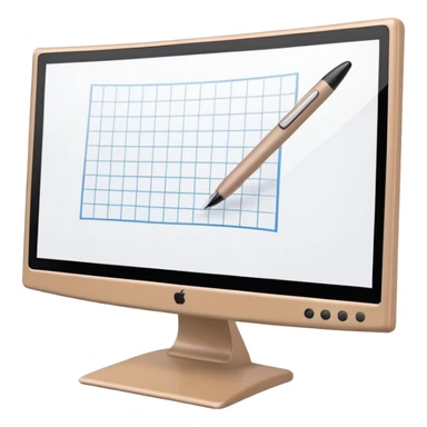 Create an emoji for 3D visualization and modeling. Show a 3D object with grid lines and a modeling tool (e.g., a mouse or stylus) on a big curved monitor. Use modern, professional colors. Do not include any emojis or smiley faces. Make the background transparent. sticker