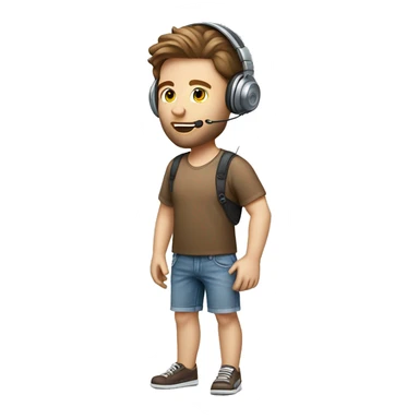 full body caucasian IT technology guy wearing jean shorts with headset and microphone and brown hair sticker