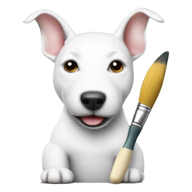 White bull terrier dog holding a paint brush  sticker