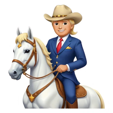 Donald Trump riding a majestic white horse, wearing a cowboy hat and a suit, with a confident smile, set against a vibrant sunset background, in a simple and bold emoji style. sticker