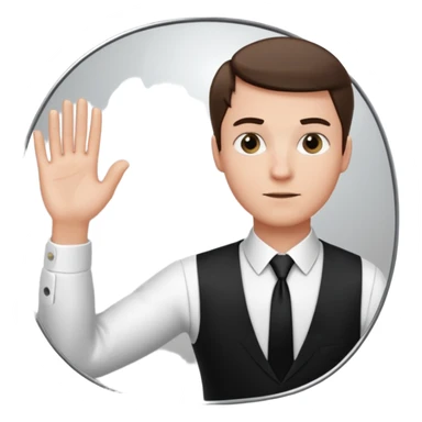A man wearing a white dress shirt and black tie looking into a mirror holding up his hand. We should be seeing the back of the man and his reflection in the mirror. sticker