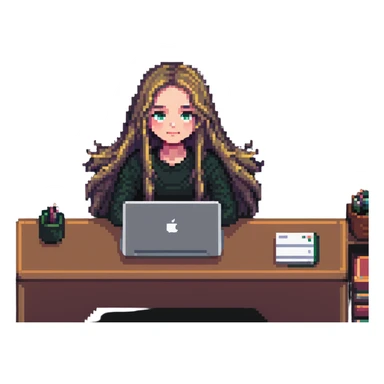 girl with long hair, only eyes visible above MacBook, working at a desk, pixel art style sticker