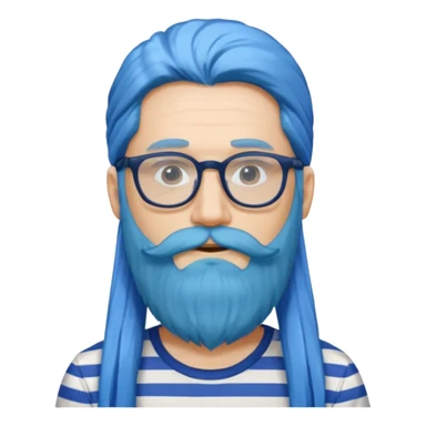 man with long blue hair, glasses, and a long beard and wearing a striped t-shirt sticker