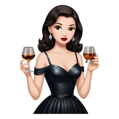 Beautiful woman in 1950’s woman fashion look, black shimmery dress, long dark brown hair, whisky with ice sticker