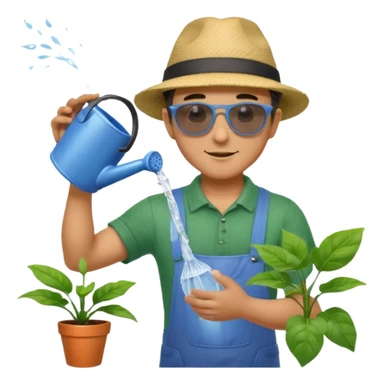 Realistic illustration of a man pouring water onto a green plant, standing outdoors in daylight, with a watering can in hand, gentle and caring expression, vibrant garden background, soft natural lighting, highly detailed, professional composition." sticker