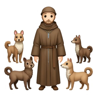 create a full body shot of Saint Francis of Assisi cartoon modern type with animals during the winter, background, to be used as an AI crfreation in HeyGen.com, please create a winter background sticker