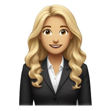 A professional young woman with long, wavy blonde hair, brown eyes?dressed in a black blazer over a white blouse,  She has a warm, closed smile, with a well-lit, polished look.  sticker