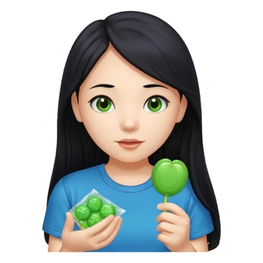 A girl with long black hair wearing a blue t-shirt holding a piece of green hard candy in one hand and a green candy wrapper showing a guava on it in the other hand sticker