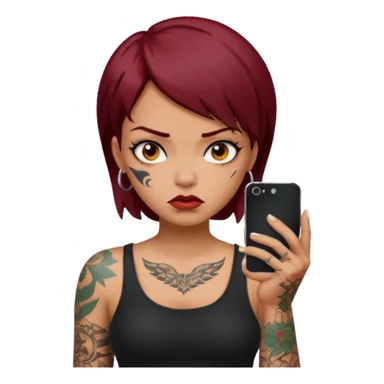 generate a girl with dark red hair, tattoos, short black hair calling on the mobile phone. Looking mad sticker