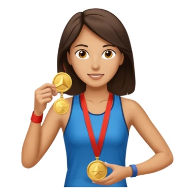 Beautiful brunette woman marathon runner receives medal sticker