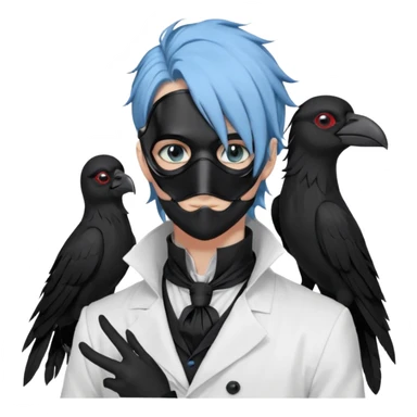 Handsome sexy adult anime man with light-blue hair and a black bird beak mask that covers whole face, black face mask, black mouth mask, black feathers draped over shoulder, wearing a white lab coat, long thin hair tendrils on the sides, with a mechanical raven sidekick, blue cravat, red eyes sticker