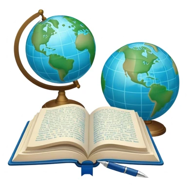 Create an emoji representing language translation. The design should feature just one globe in the background, symbolizing international communication. In front of the globe, place two opened books with texts on them and a pen nearby to indicate the act of writing. Use a clean and professional color palette with blues, greens, and neutral tones. Make the background transparent. sticker