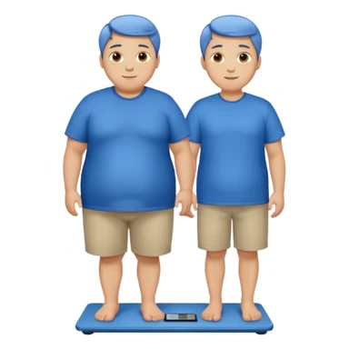 A young male with short dark-blonde hair and medium-light skin, only slightly overweight. He stands on a scale with a relieved, happy expression after noticing weight loss. He wears blue cloth, his posture relaxed with a gentle smile. sticker