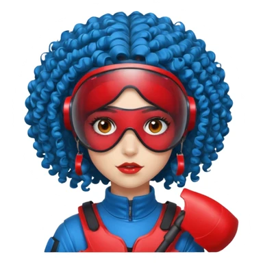 blue curly haired girl with huge earrings wearing red paintball helmet and eye protection, only face  sticker