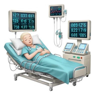 a PATIENT waking up before a surgery sleeping. And monitors with vitals and numbers sticker