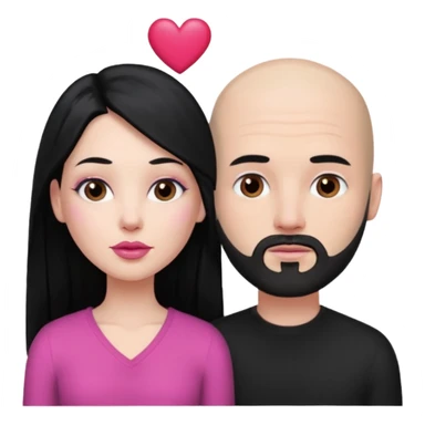 👩🏻‍❤️‍💋‍👨🏻 this one but the man should be bald. white woman with long black hair and white bald young man whoitiut hair and a heart between their heads. she has pink lips and both have brown eyes. he has e full beard but short. both wear black sticker