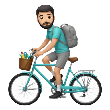 a man with a grey backpack and a torquoise byciycl and he has black shot=rt man hair and a beard with a polo grey shirt and dress pants and hes riding it with pants remeber sticker