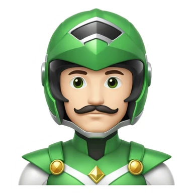 Green power ranger in white costume with a mustache, helmet with green visor sticker