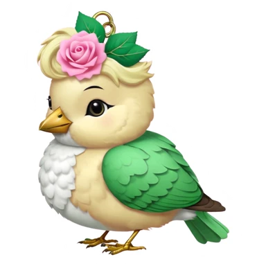 un oiseau classique vert avec un collier avec des breloque argentées et un poil blond qui fait une petite bouclette sur le front et à côté un oiseau rose avec le même collier mais en doré et un cheveu marron et les deux se regardent sticker