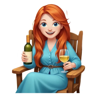 Laughing redhead with long hair and blue eyes holding white wine bottle sitting in chair beside fire pit  sticker