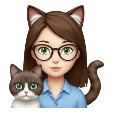 O data cu parul saten ,ochii griji-albastrii ,ochelari și codițe de pisica ..și langa o pisicuță alba pufoasa ,cu ochii verzi și o a doua pisica siameza pufoasa cu capul maro -negru și coada ,restul corpului un maro deschis spre alb  , ochii albaștrii sticker