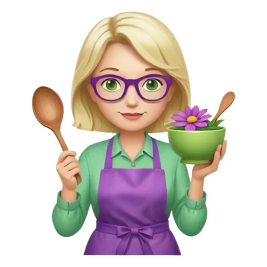 middle aged woman with shoulder length blonde hair, purple glasses, green eyes, wearing a flower apron, holding a bowl in one hand and a mixing spoon in the other sticker