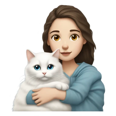 Brunette girl snuggling white fluffy cat with heterochromia. (Left eye light blue and right eye soft brown.) sticker