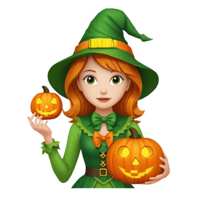 Woman Hunter With Jack o Lantern, wearing green costume, with bow sticker