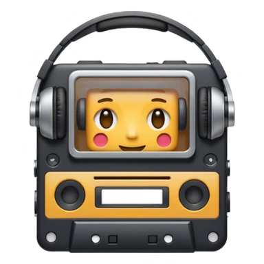 Classic Walkman emoji, Apple/WhatsApp style, front view, cassette window visible, wired headphones, soft gradients, cute proportions, no text, plain background. sticker