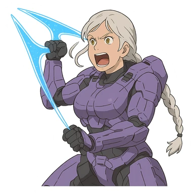 female, wearing reach spartan armor default, long white braid hair, gold yellow eyes, attention pose, HALO:series, no helmet, the armor is lavender color scheme, shoulder pad off. DDD bust size fitting. Punk gothic cyberpunk, brandishing a covenant energy sword, preparing to swing and yelling sticker